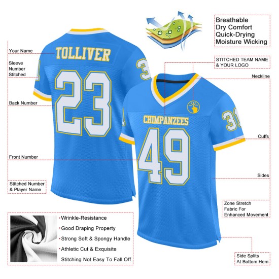 Maillot de football personnalisé rétro bleu poudre blanc-or en maille authentique Maillot de football personnalisé rétro bleu poudre blanc-or en maille authentique