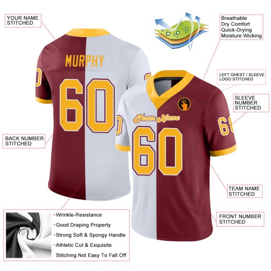 Maillot de football personnalisé Split en maille bordeaux doré et blanc tendance Maillot de football personnalisé Split en maille bordeaux doré et blanc tendance