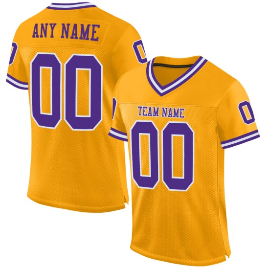 Maillot de football personnalisé en maille rétro doré violet-blanc authentique Maillot de football personnalisé en maille rétro doré violet-blanc authentique