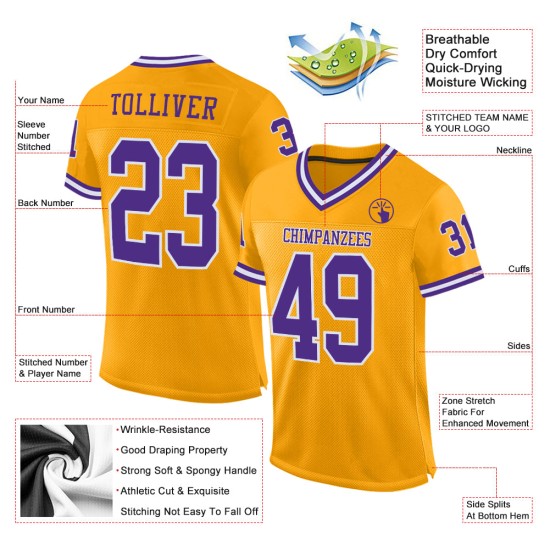 Maillot de football personnalisé en maille rétro doré violet-blanc authentique Maillot de football personnalisé en maille rétro doré violet-blanc authentique