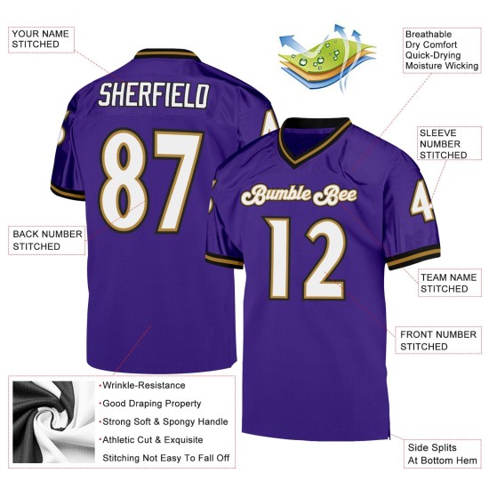 Maillot de football personnalisé en maille blanc et violet authentique doré Maillot de football personnalisé en maille blanc et violet authentique doré