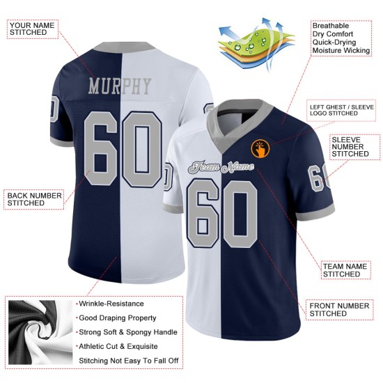 Maillot de football en maille bleu marine Split Custom Fashion gris-blanc Maillot de football en maille bleu marine Split Custom Fashion gris-blanc