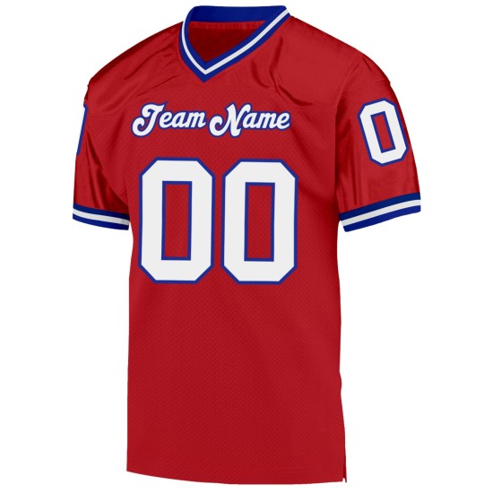 Maillot de football rétro en maille rouge authentique personnalisé White-Royal Maillot de football rétro en maille rouge authentique personnalisé White-Royal