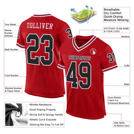Maillot de football personnalisé en maille noir et blanc, motif rétro rouge authentique Maillot de football personnalisé en maille noir et blanc, motif rétro rouge authentique