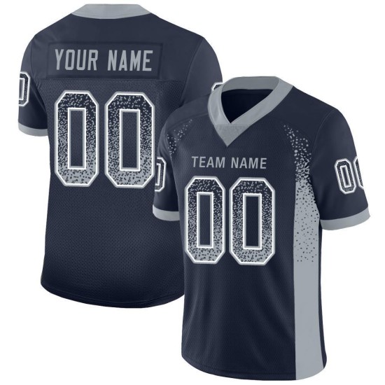 Maillot de football gris-blanc tendance en maille bleu marine, léger et personnalisé Maillot de football gris-blanc tendance en maille bleu marine, léger et personnalisé