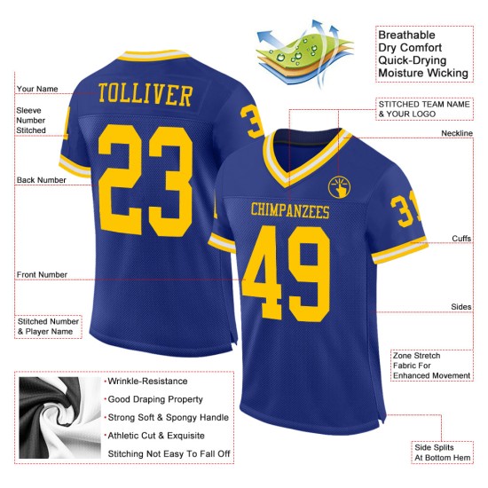 Maillot de football Royal Gold-White Authentic Mesh Throwback Personnalisé Maillot de football Royal Gold-White Authentic Mesh Throwback Personnalisé