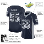 Maillot de football gris-blanc tendance en maille bleu marine, léger et personnalisé Maillot de football gris-blanc tendance en maille bleu marine, léger et personnalisé