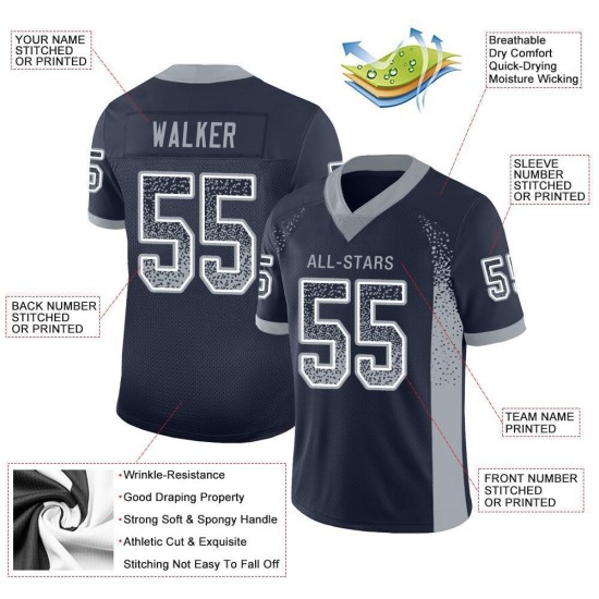Maillot de football gris-blanc tendance en maille bleu marine, léger et personnalisé Maillot de football gris-blanc tendance en maille bleu marine, léger et personnalisé