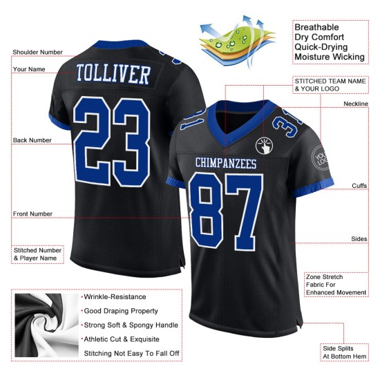 Maillot de football personnalisé authentique en maille noire, bleu royal et blanc Maillot de football personnalisé authentique en maille noire, bleu royal et blanc