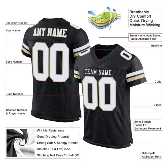 Maillot de football personnalisé authentique blanc-Vegas en maille noire et dorée Maillot de football personnalisé authentique blanc-Vegas en maille noire et dorée