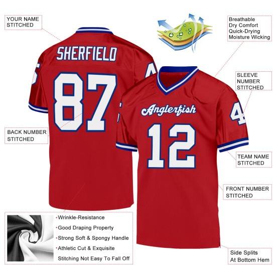 Maillot de football rétro en maille rouge authentique personnalisé White-Royal Maillot de football rétro en maille rouge authentique personnalisé White-Royal