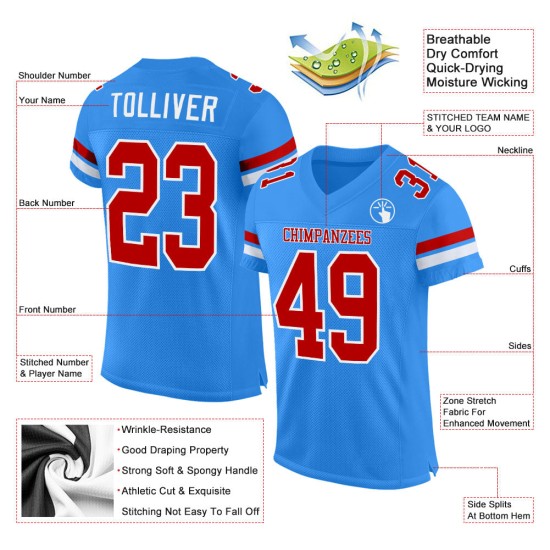 Maillot de football bleu authentique en maille poudrée personnalisée rouge-blanc Maillot de football bleu authentique en maille poudrée personnalisée rouge-blanc