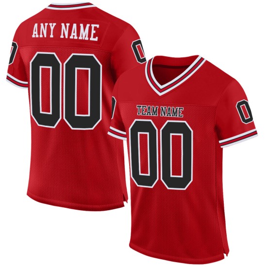 Maillot de football personnalisé en maille noir et blanc, motif rétro rouge authentique Maillot de football personnalisé en maille noir et blanc, motif rétro rouge authentique