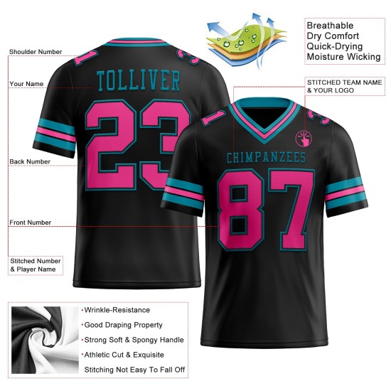 Maillot de football rose-bleu sarcelle personnalisé en maille authentique noir Maillot de football rose-bleu sarcelle personnalisé en maille authentique noir
